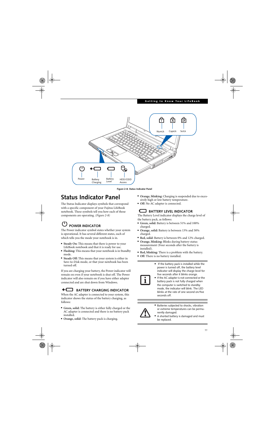 Status indicator panel | Fujitsu Siemens Computers LifeBook A6010 User Manual | Page 21 / 128