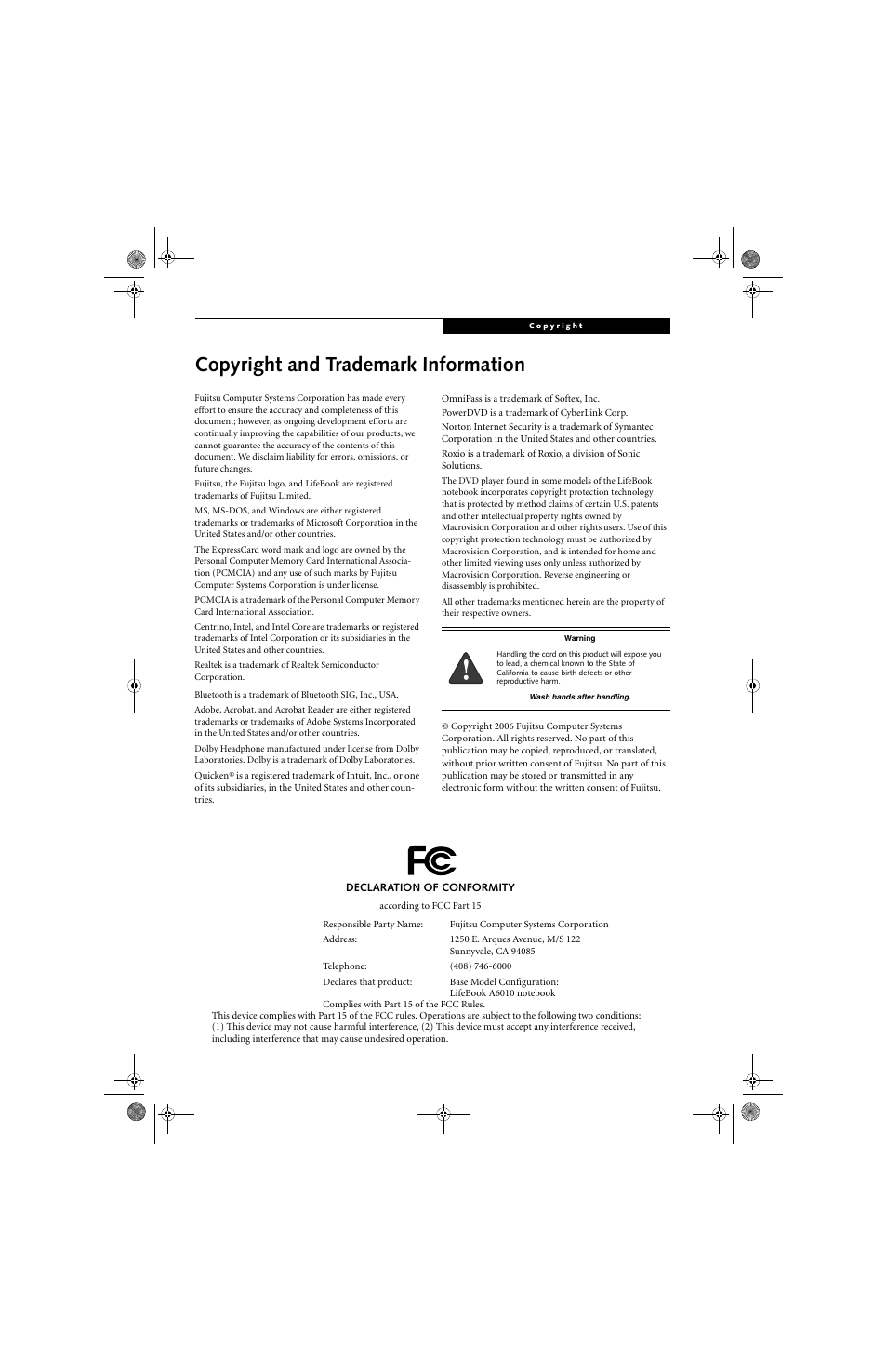 Copyright and trademark information | Fujitsu Siemens Computers LifeBook A6010 User Manual | Page 3 / 128