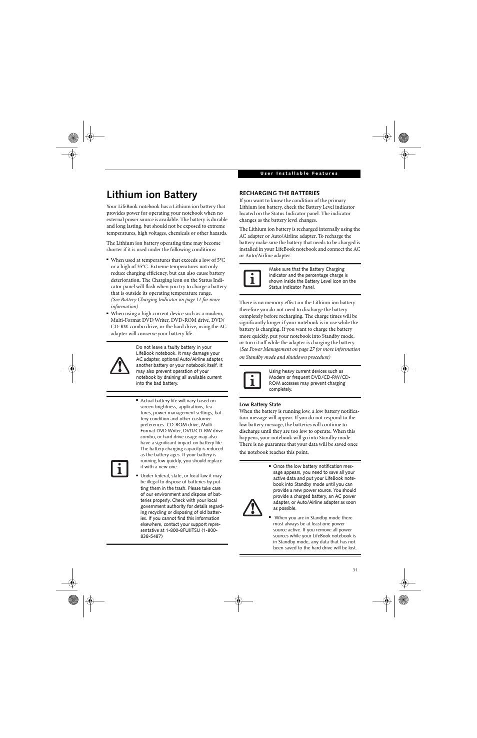 Lithium ion battery | Fujitsu Siemens Computers LifeBook A6010 User Manual | Page 41 / 128