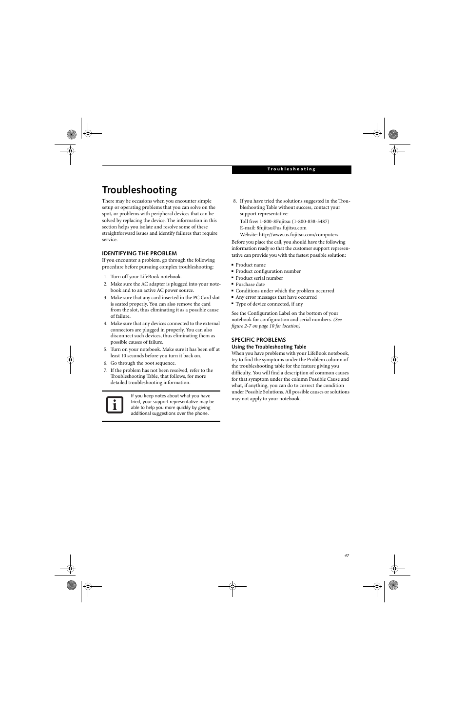 Troubleshooting | Fujitsu Siemens Computers LifeBook A6010 User Manual | Page 57 / 128