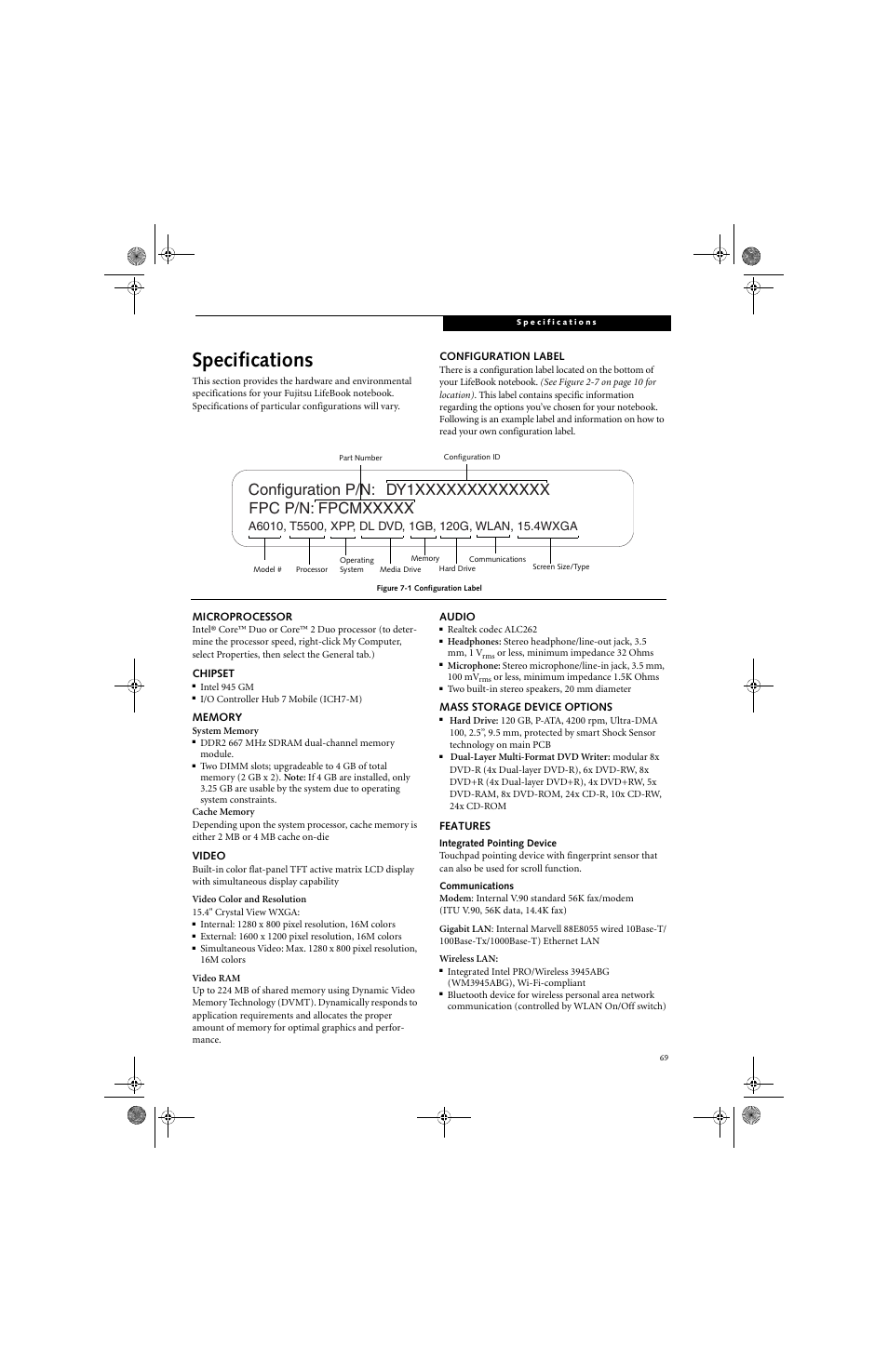 Specifications | Fujitsu Siemens Computers LifeBook A6010 User Manual | Page 79 / 128