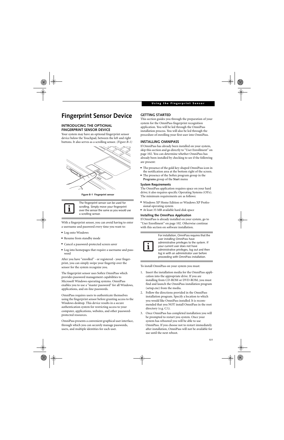 Fingerprint sensor device | Fujitsu Siemens Computers LifeBook A3110 User Manual | Page 111 / 128