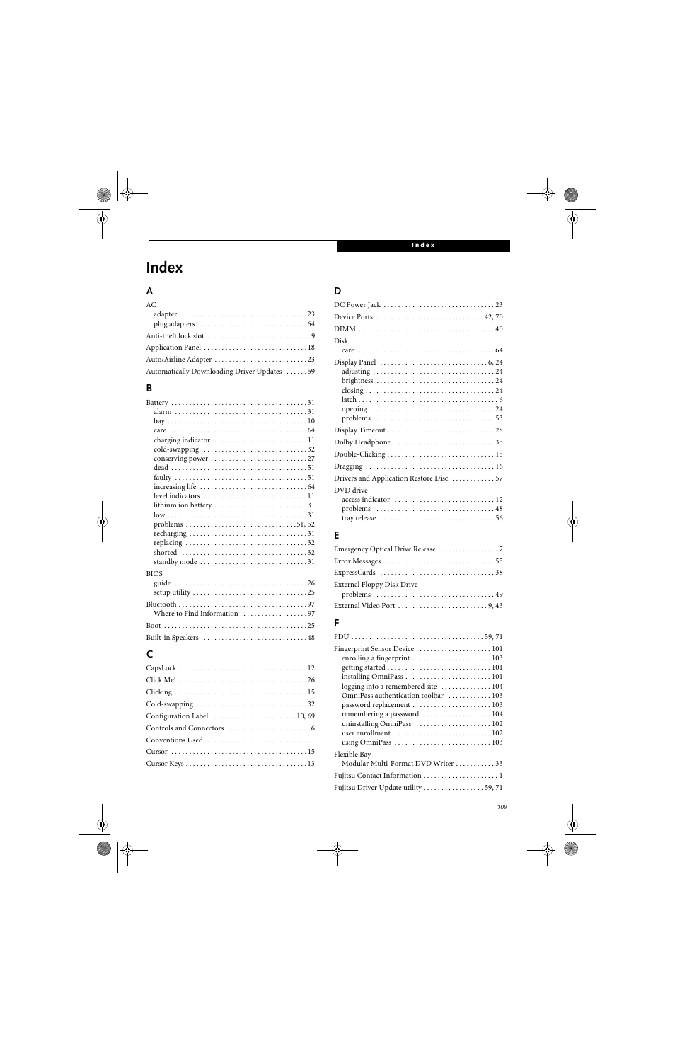 Index | Fujitsu Siemens Computers LifeBook A3110 User Manual | Page 119 / 128