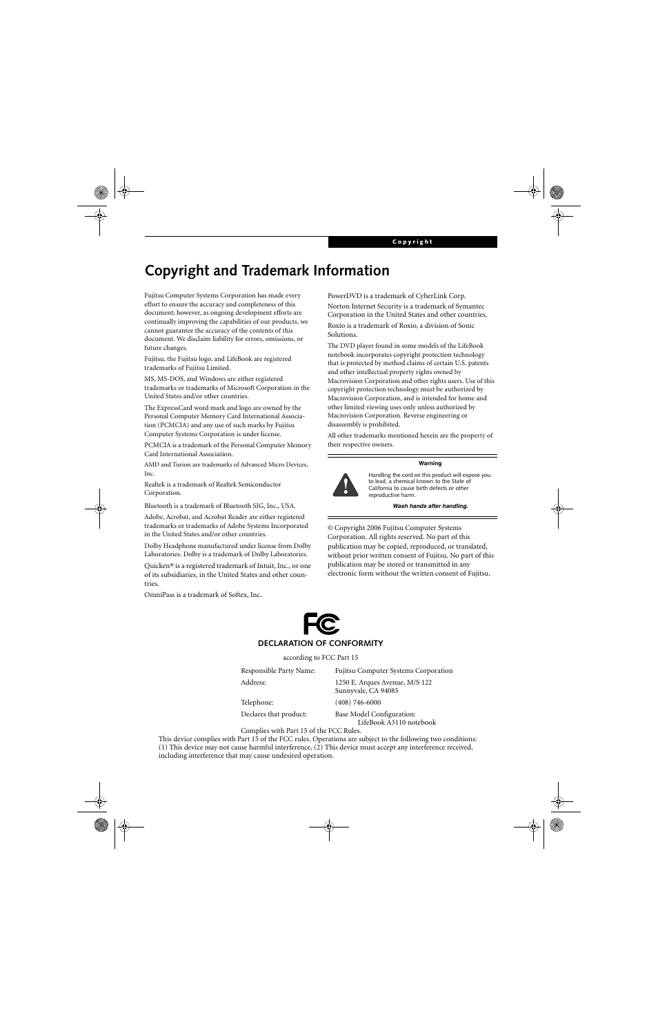 Copyright and trademark information | Fujitsu Siemens Computers LifeBook A3110 User Manual | Page 3 / 128