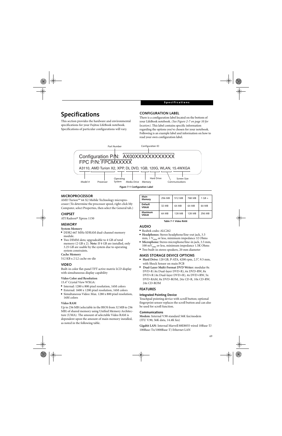 Specifications | Fujitsu Siemens Computers LifeBook A3110 User Manual | Page 79 / 128