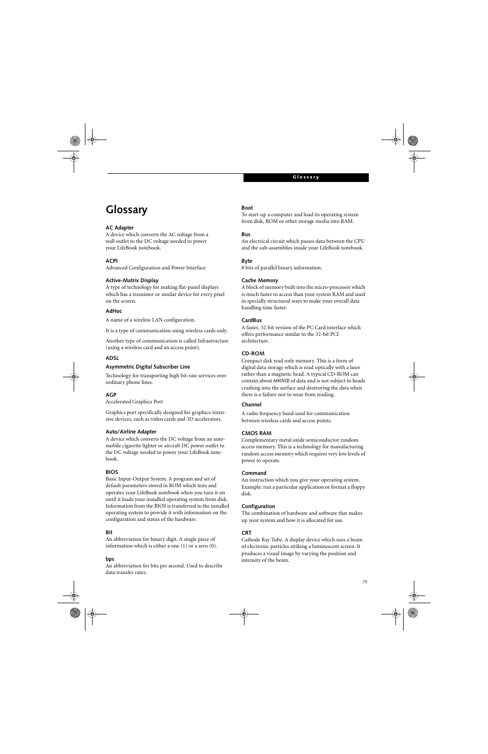 Glossary | Fujitsu Siemens Computers LifeBook A3110 User Manual | Page 85 / 128
