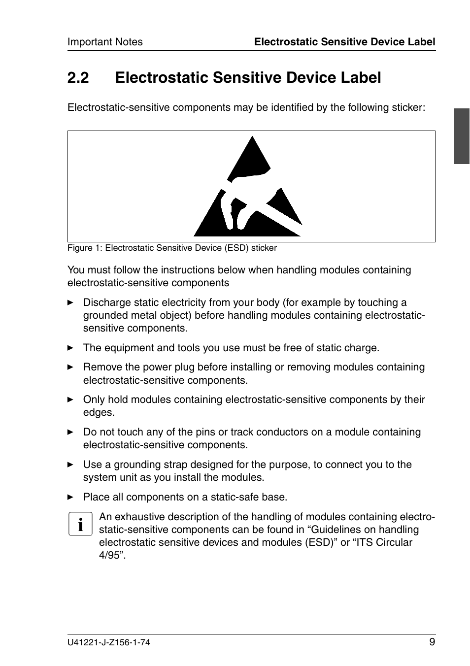 Electrostatic sensitive device label, 2 electrostatic sensitive device label | Fujitsu Siemens Computers S60 User Manual | Page 17 / 98