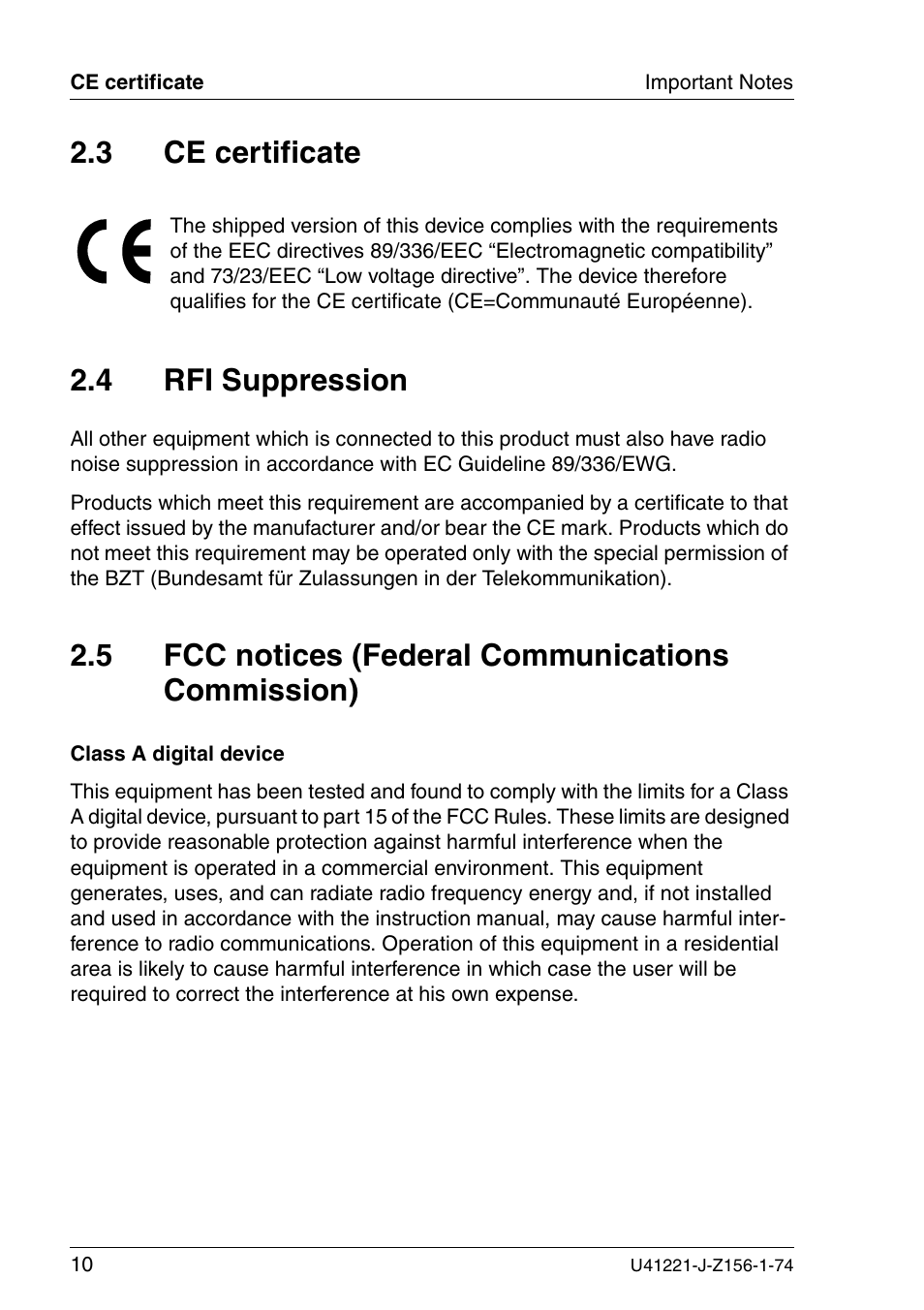 Ce certificate, Rfi suppression, Fcc notices (federal communications commission) | 3 ce certificate 2.4 rfi suppression, 5 fcc notices (federal communications commission) | Fujitsu Siemens Computers S60 User Manual | Page 18 / 98