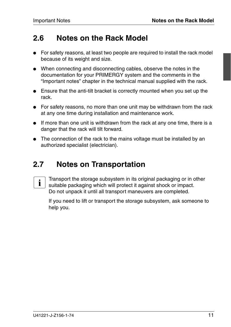 Notes on the rack model, Notes on transportation | Fujitsu Siemens Computers S60 User Manual | Page 19 / 98