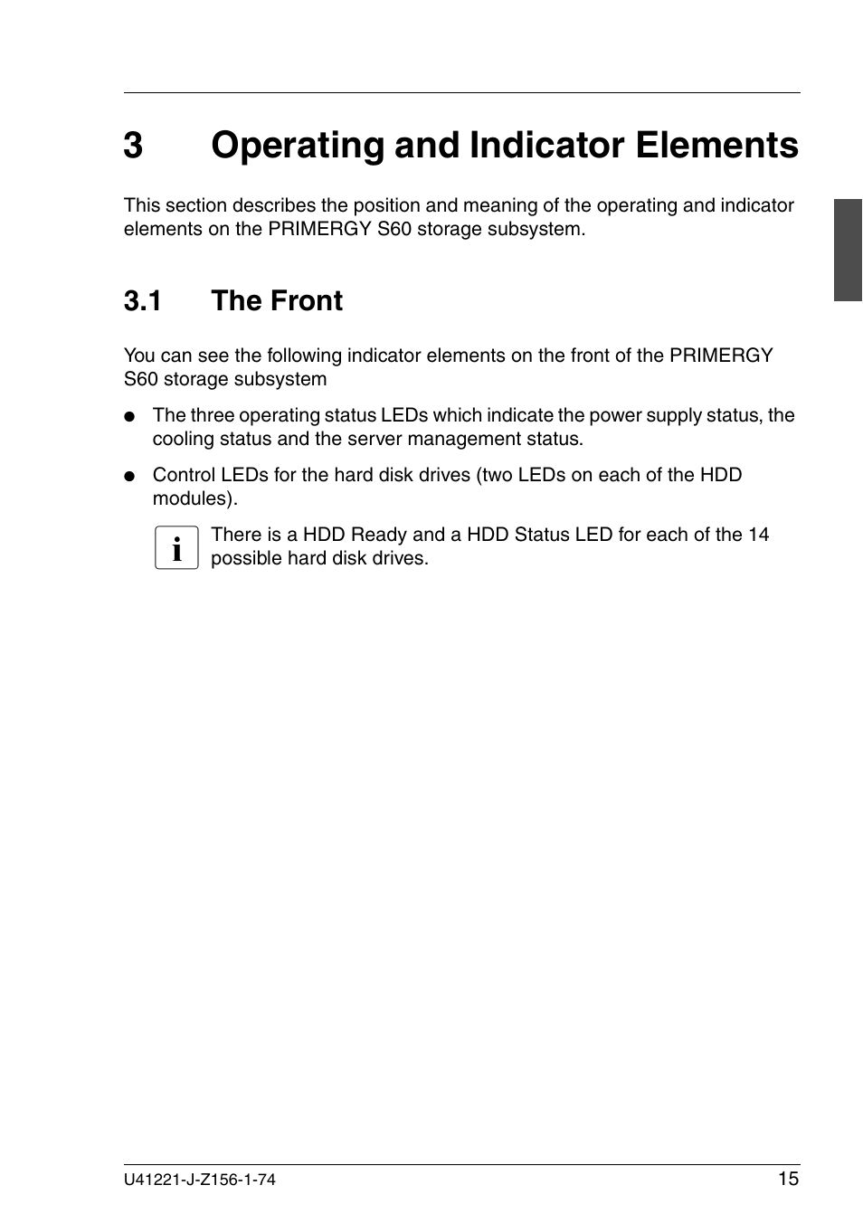 Operating and indicator elements, The front, 3operating and indicator elements | 1 the front | Fujitsu Siemens Computers S60 User Manual | Page 23 / 98