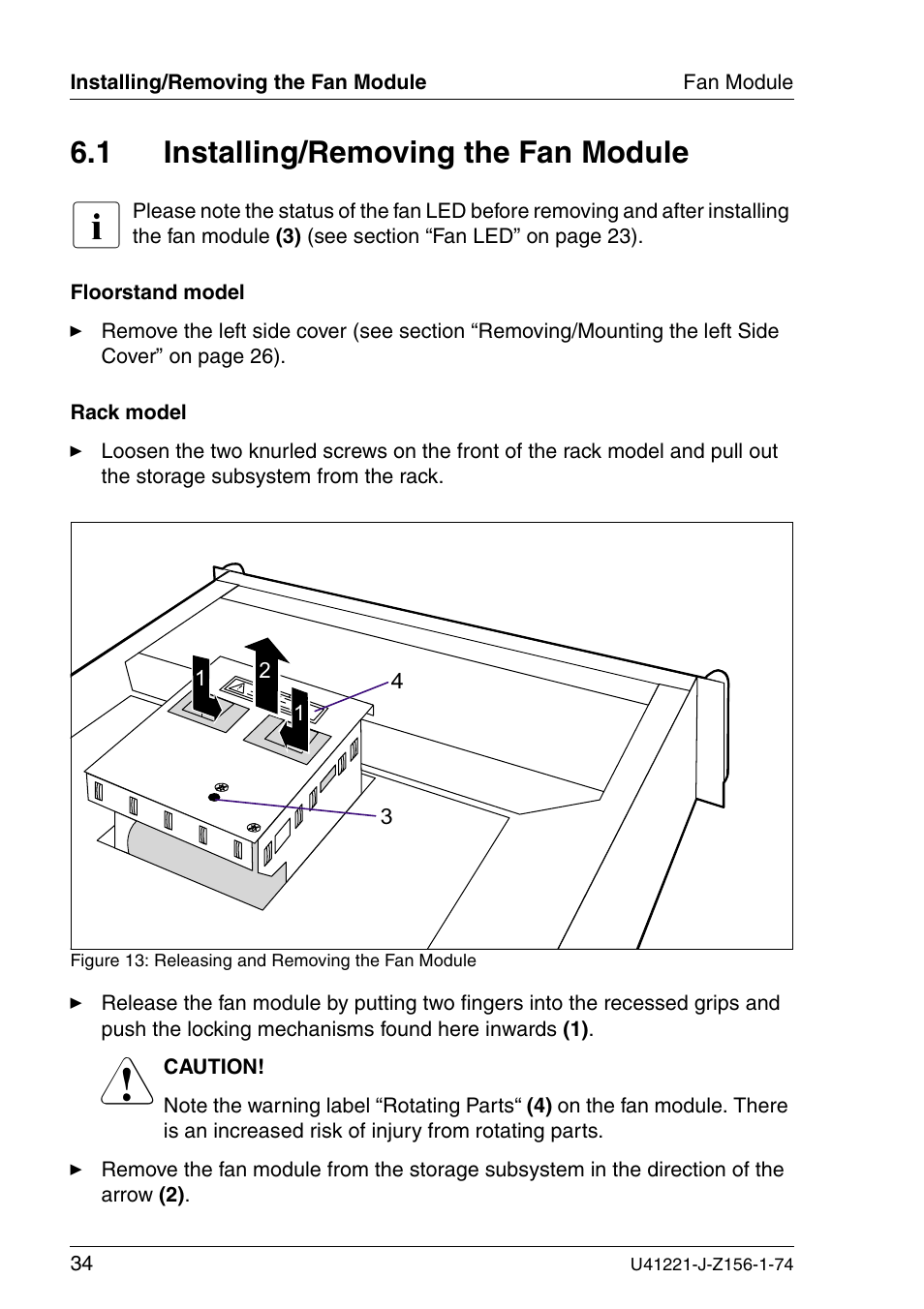 Installing/removing the fan module, 1 cooling status led lights yellow, 1 installing/removing the fan module | Fujitsu Siemens Computers S60 User Manual | Page 42 / 98