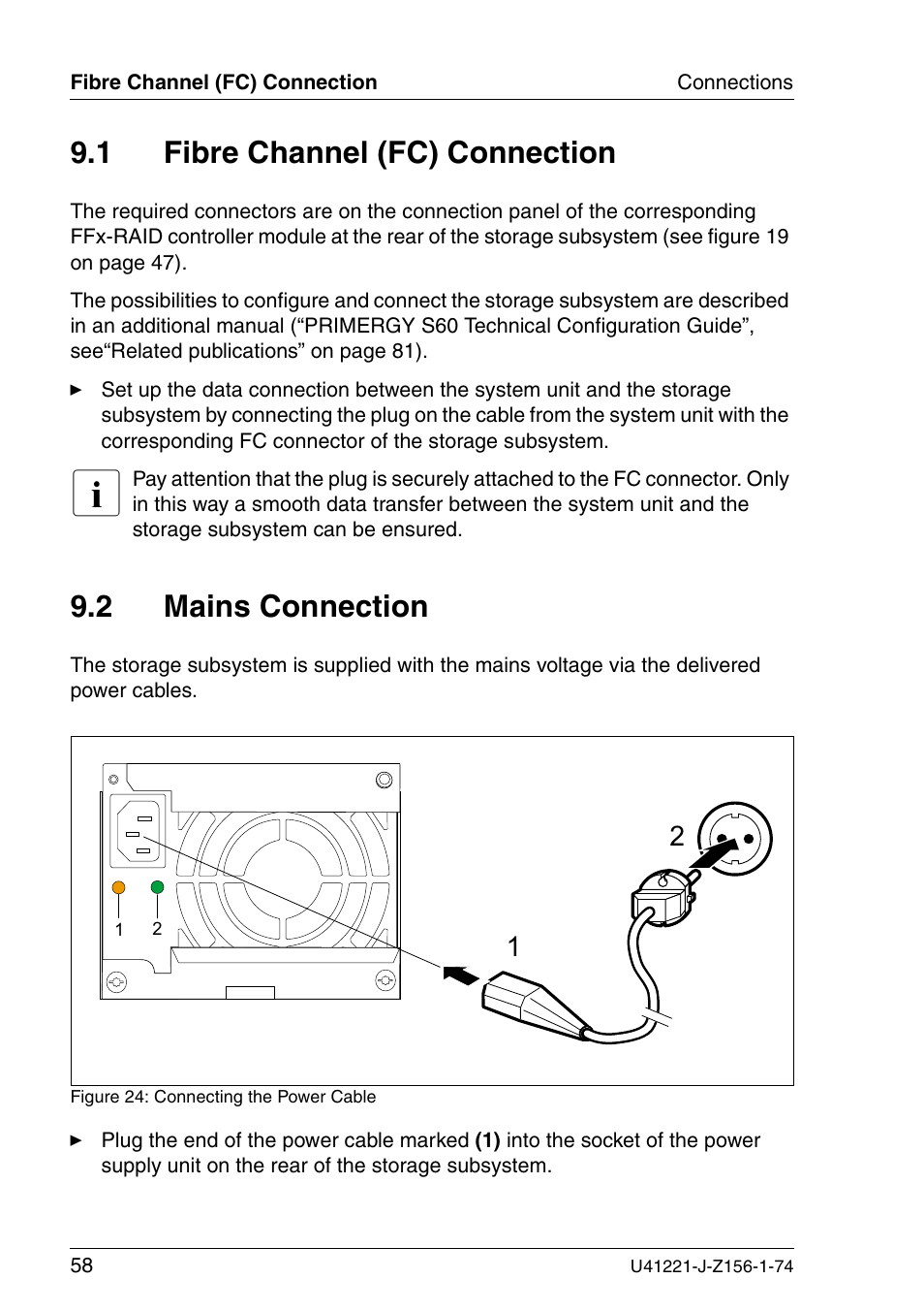 Fibre channel (fc) connection, Mains connection, 1 fibre channel (fc) connection | 2 mains connection | Fujitsu Siemens Computers S60 User Manual | Page 66 / 98