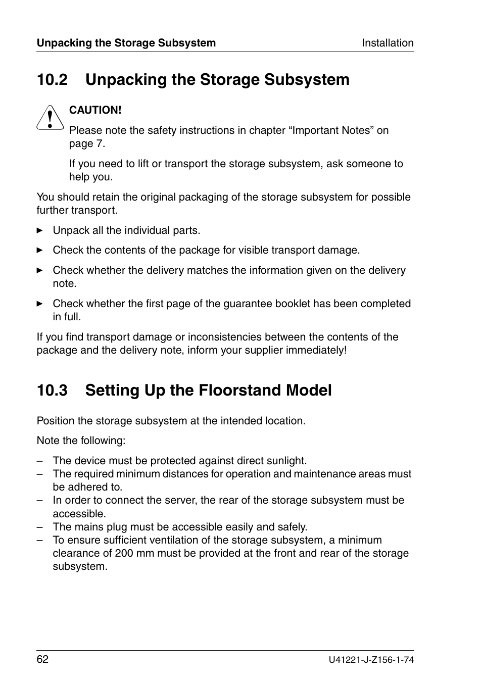 Unpacking the storage subsystem, Setting up the floorstand model, 2 unpacking the storage subsystem | 3 setting up the floorstand model | Fujitsu Siemens Computers S60 User Manual | Page 70 / 98