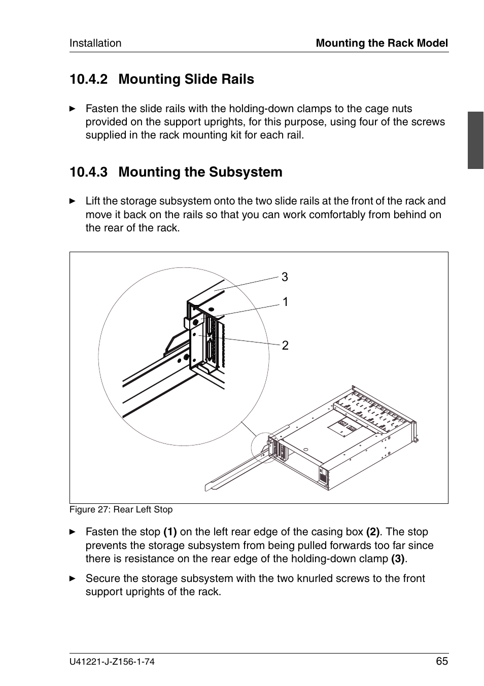 Mounting slide rails, Mounting the subsystem, 2 mounting slide rails | 3 mounting the subsystem | Fujitsu Siemens Computers S60 User Manual | Page 73 / 98