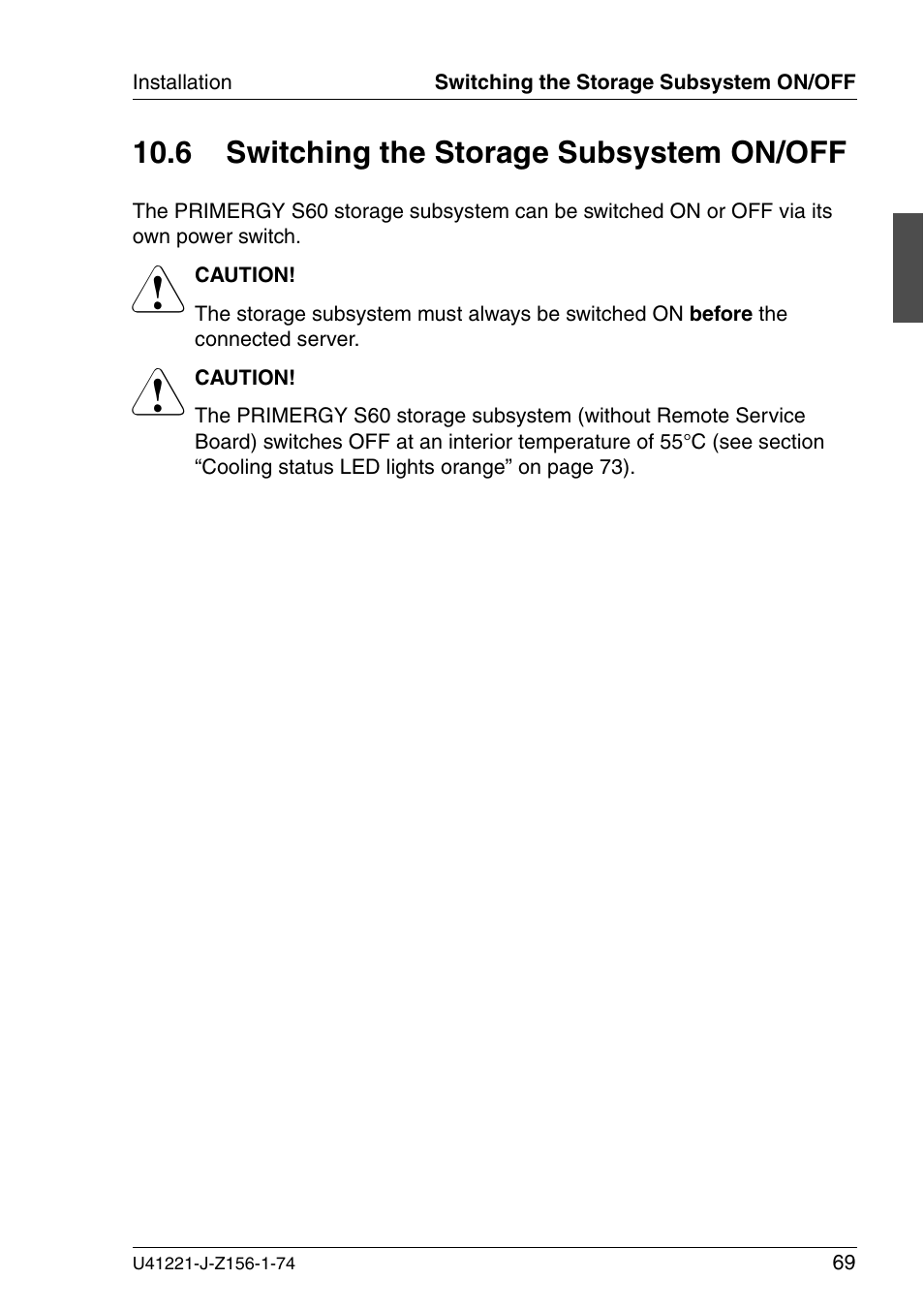 Switching the storage subsystem on/off, 6 switching the storage subsystem on/off | Fujitsu Siemens Computers S60 User Manual | Page 77 / 98