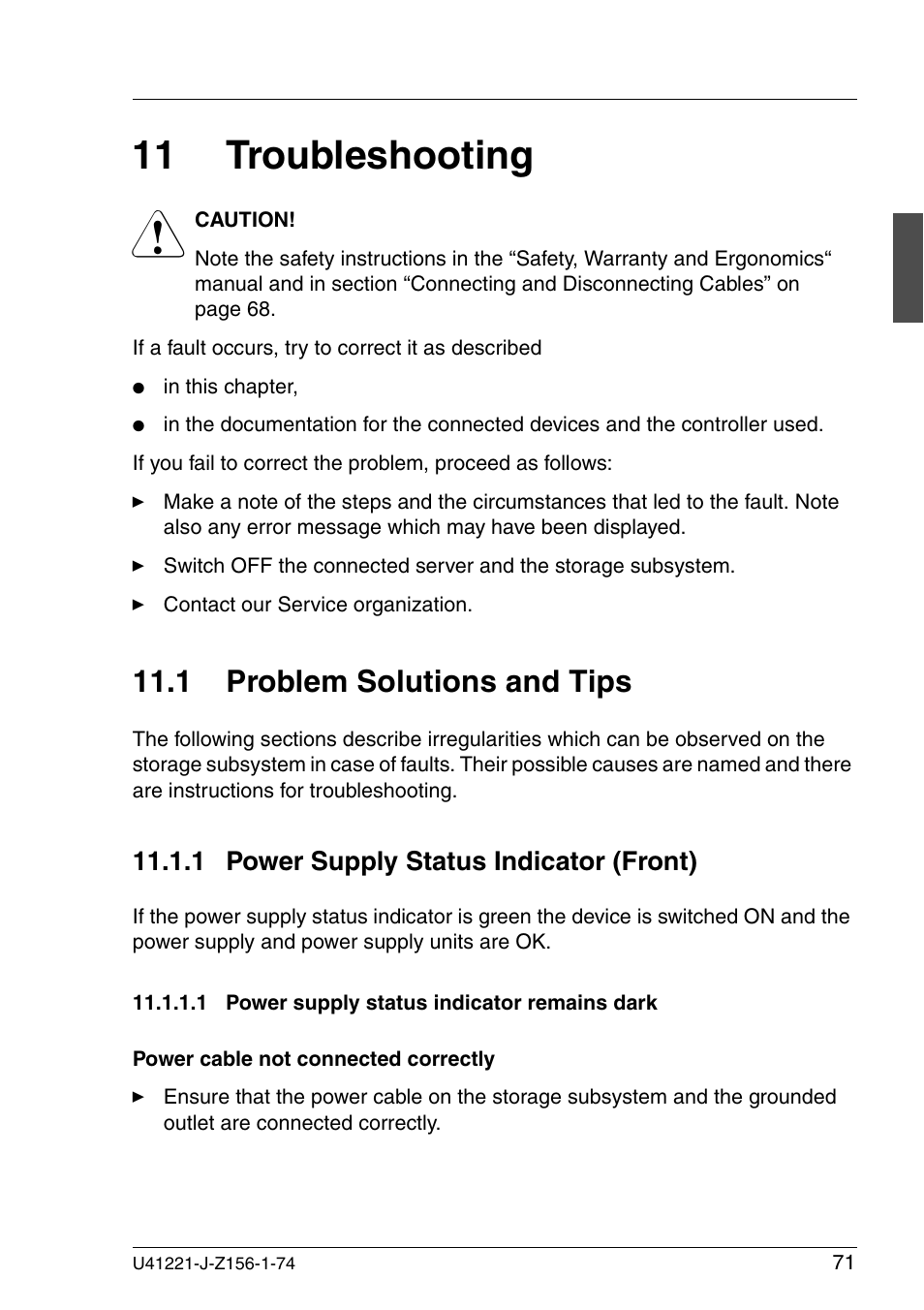 Troubleshooting, Problem solutions and tips, Power supply status indicator (front) | Power supply status indicator remains dark, 1 power supply status indicator remains dark, 11 troubleshooting, 1 problem solutions and tips | Fujitsu Siemens Computers S60 User Manual | Page 79 / 98