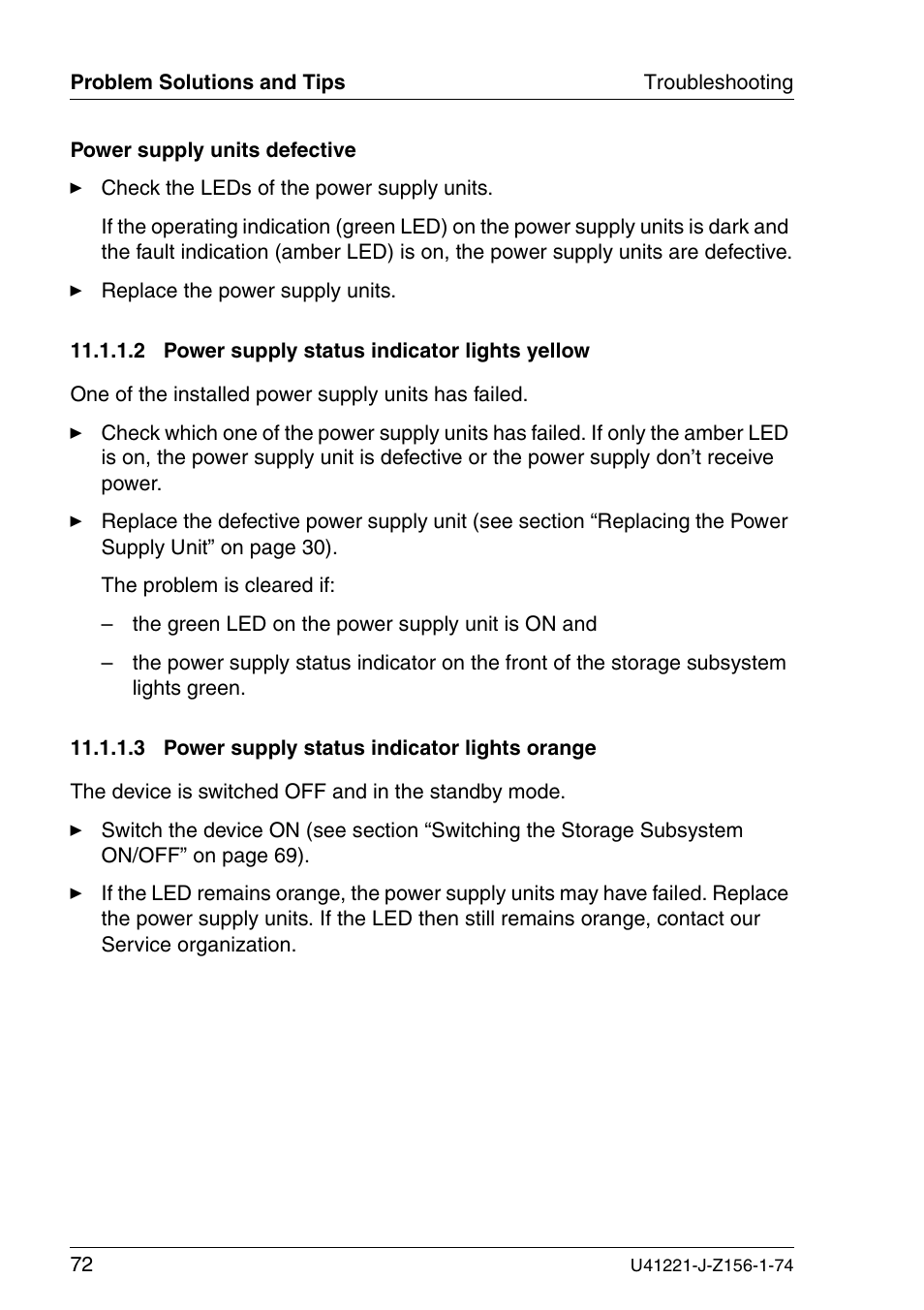 Power supply status indicator lights yellow, Power supply status indicator lights orange | Fujitsu Siemens Computers S60 User Manual | Page 80 / 98