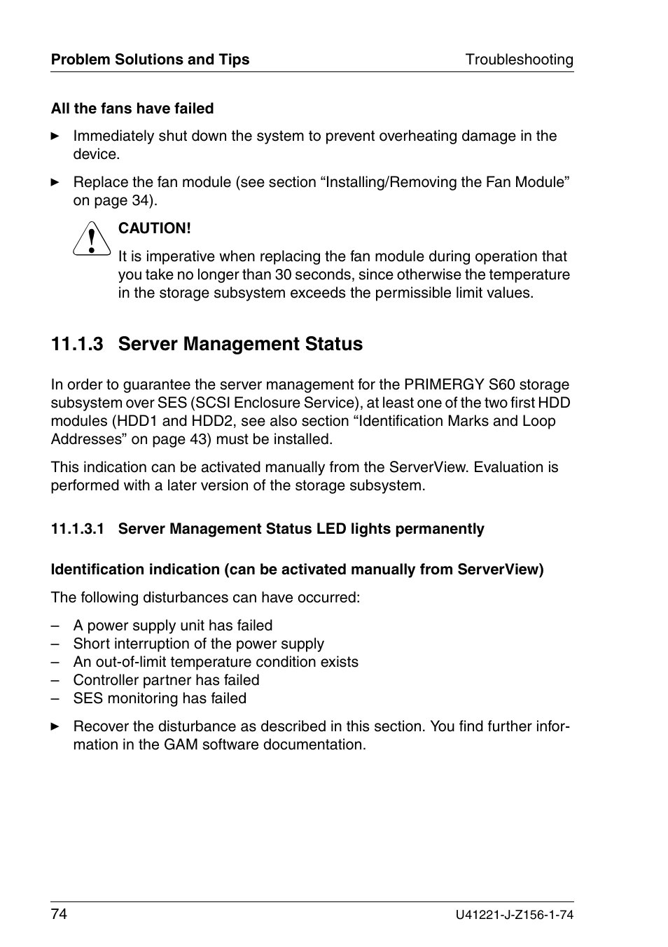 Server management status, Server management status led lights permanently, 1 server management status led lights permanently | 3 server management status | Fujitsu Siemens Computers S60 User Manual | Page 82 / 98