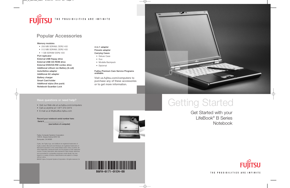 Getting started, Popular accessories, Get started with your lifebook | Fujitsu Siemens Computers LifeBook B6110D User Manual | Page 2 / 2