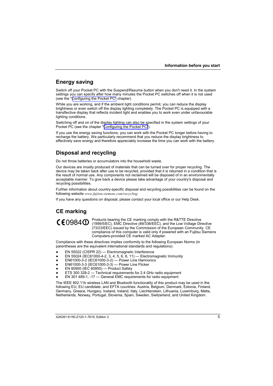 Energy saving, Disposal and recycling, Ce marking | Fujitsu Siemens Computers LOOX 400 User Manual | Page 13 / 66