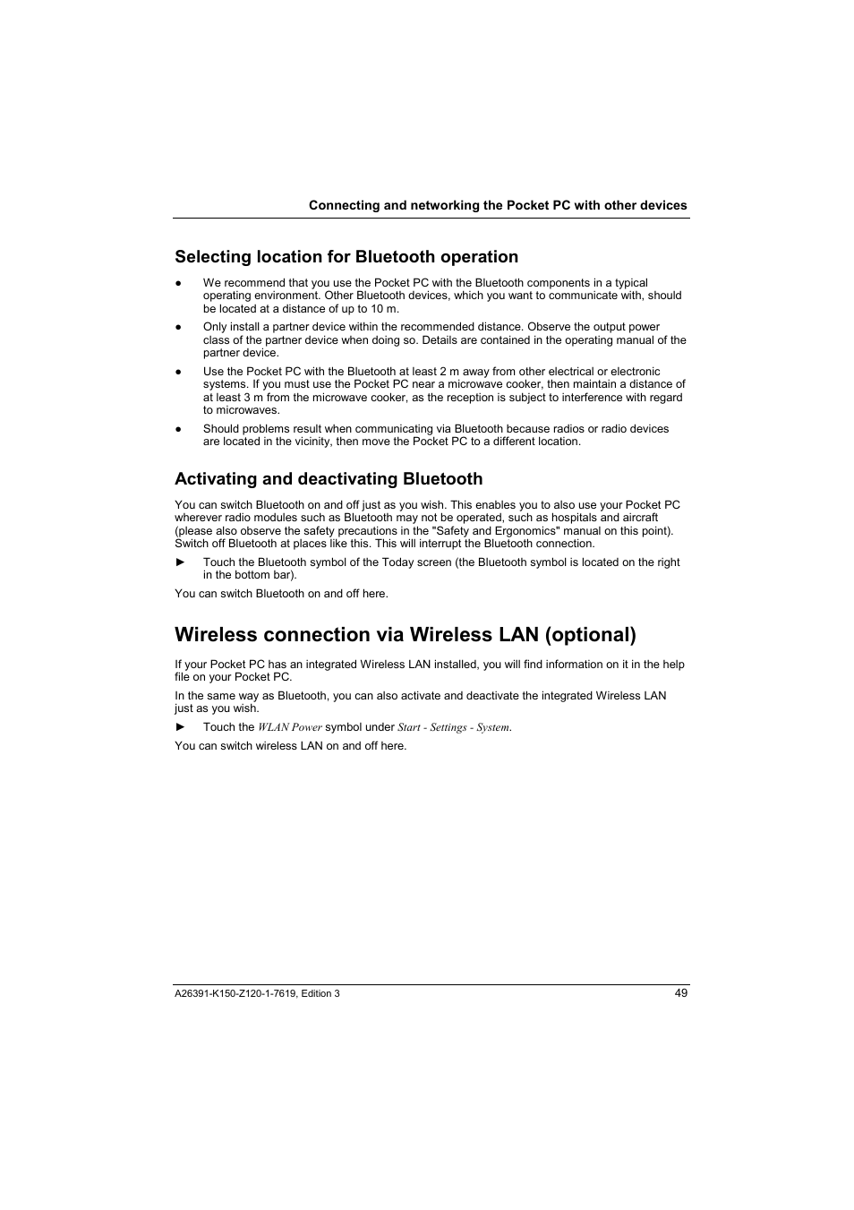 Selecting location for bluetooth operation, Activating and deactivating bluetooth, Wireless connection via wireless lan (optional) | Fujitsu Siemens Computers LOOX 400 User Manual | Page 57 / 66