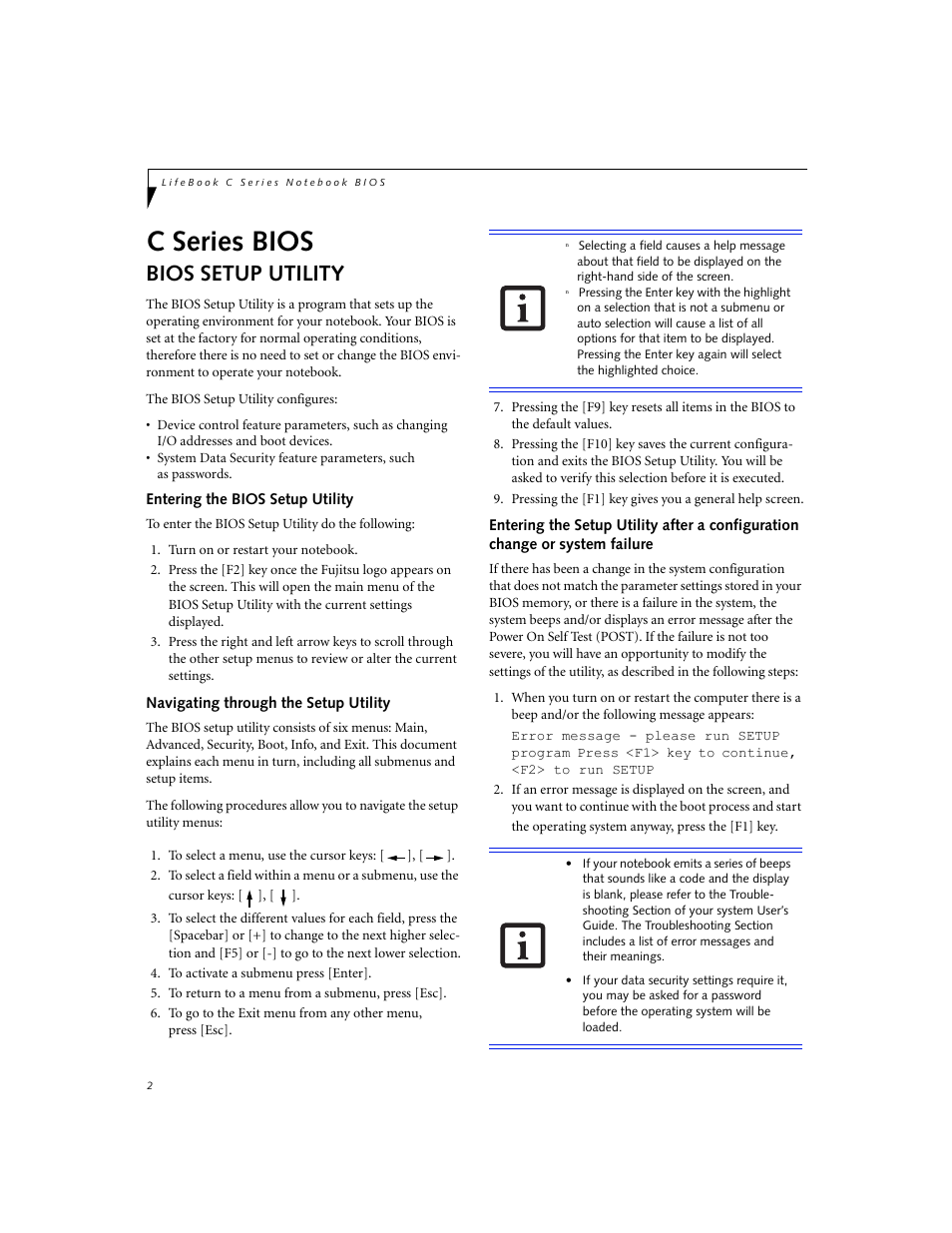 C series bios, Bios setup utility | Fujitsu Siemens Computers LifeBook C Series C2310 User Manual | Page 2 / 30