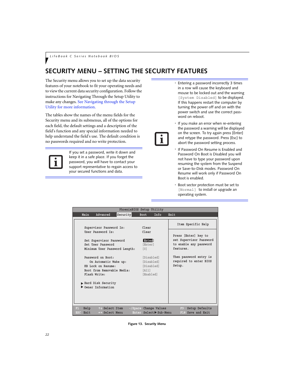 Security menu – setting the security features | Fujitsu Siemens Computers LifeBook C Series C2310 User Manual | Page 22 / 30