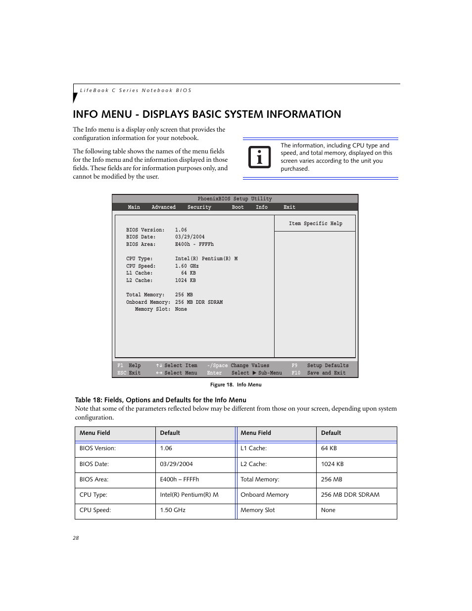 Info menu - displays basic system information | Fujitsu Siemens Computers LifeBook C Series C2310 User Manual | Page 28 / 30