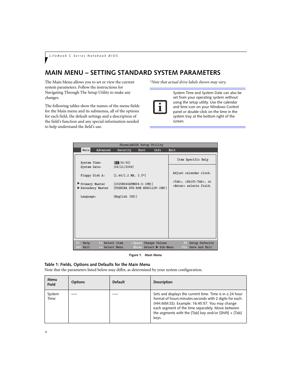Main menu – setting standard system parameters | Fujitsu Siemens Computers LifeBook C Series C2310 User Manual | Page 4 / 30