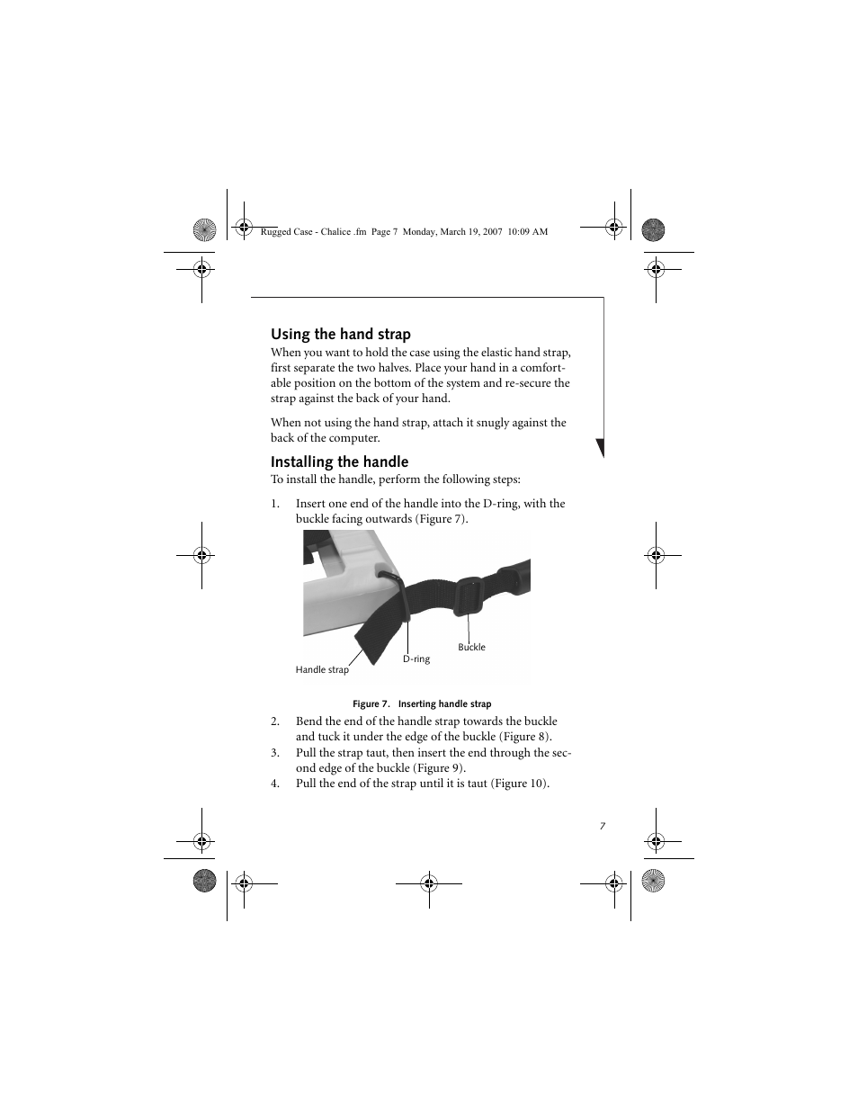 Using the hand strap, Installing the handle | Fujitsu Siemens Computers Rugged Tablet Case User Manual | Page 7 / 12