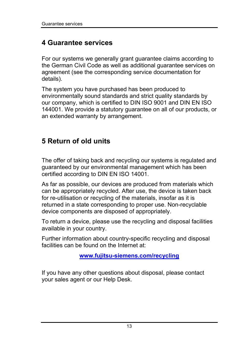 4 guarantee services, 5 return of old units | Fujitsu Siemens Computers Fujitsu-Siemens PC User Manual | Page 22 / 96