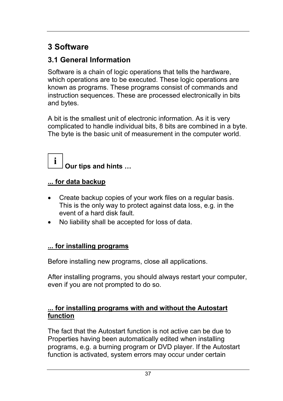 3 software, 1 general information, Our tips and hints | For data backup, For installing programs, For data backup ... for installing programs, Function | Fujitsu Siemens Computers Fujitsu-Siemens PC User Manual | Page 63 / 96