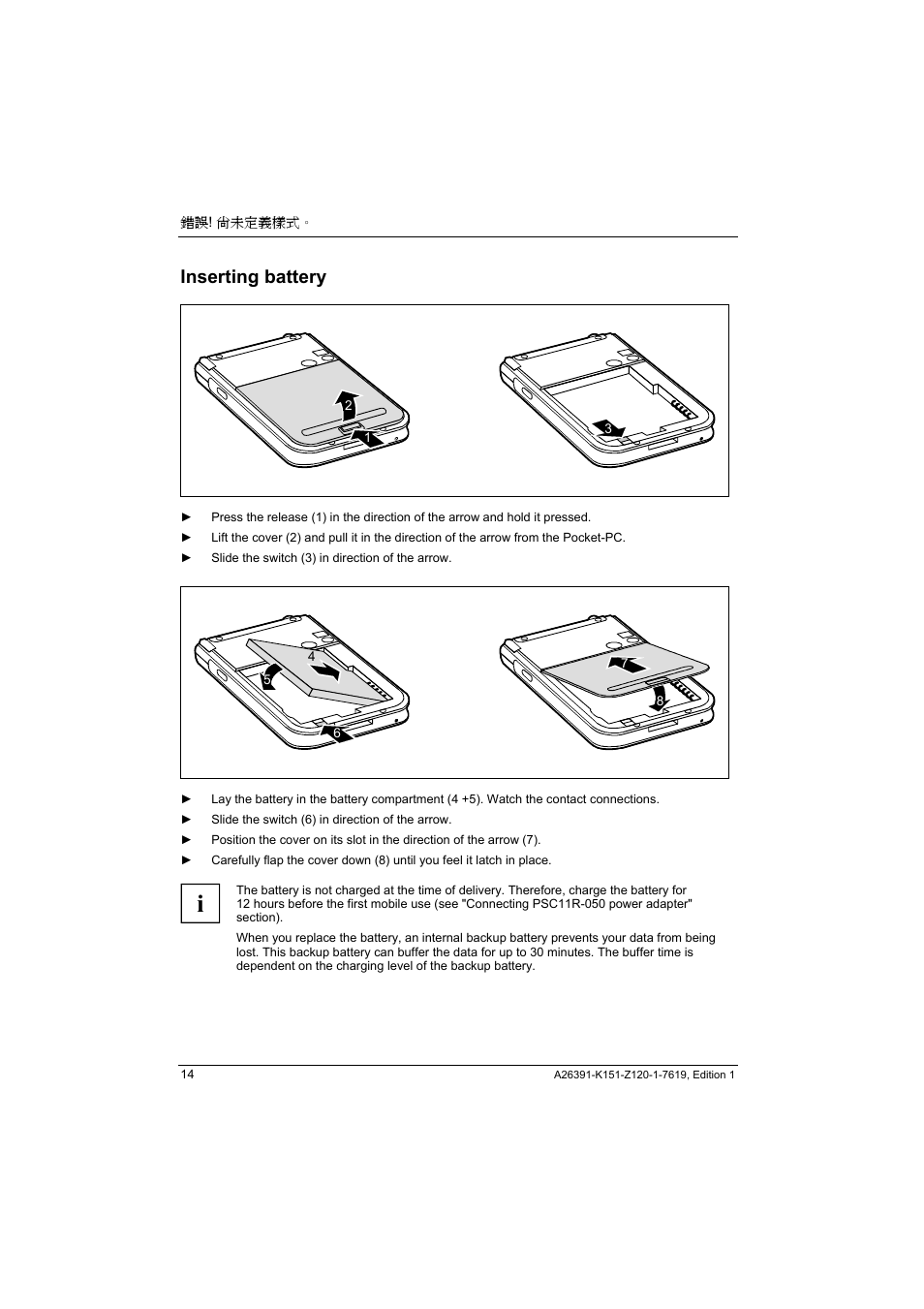Inserting battery | Fujitsu Siemens Computers LOOX 700 User Manual | Page 22 / 70