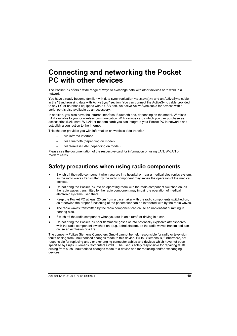 Safety precautions when using radio components | Fujitsu Siemens Computers LOOX 700 User Manual | Page 57 / 70