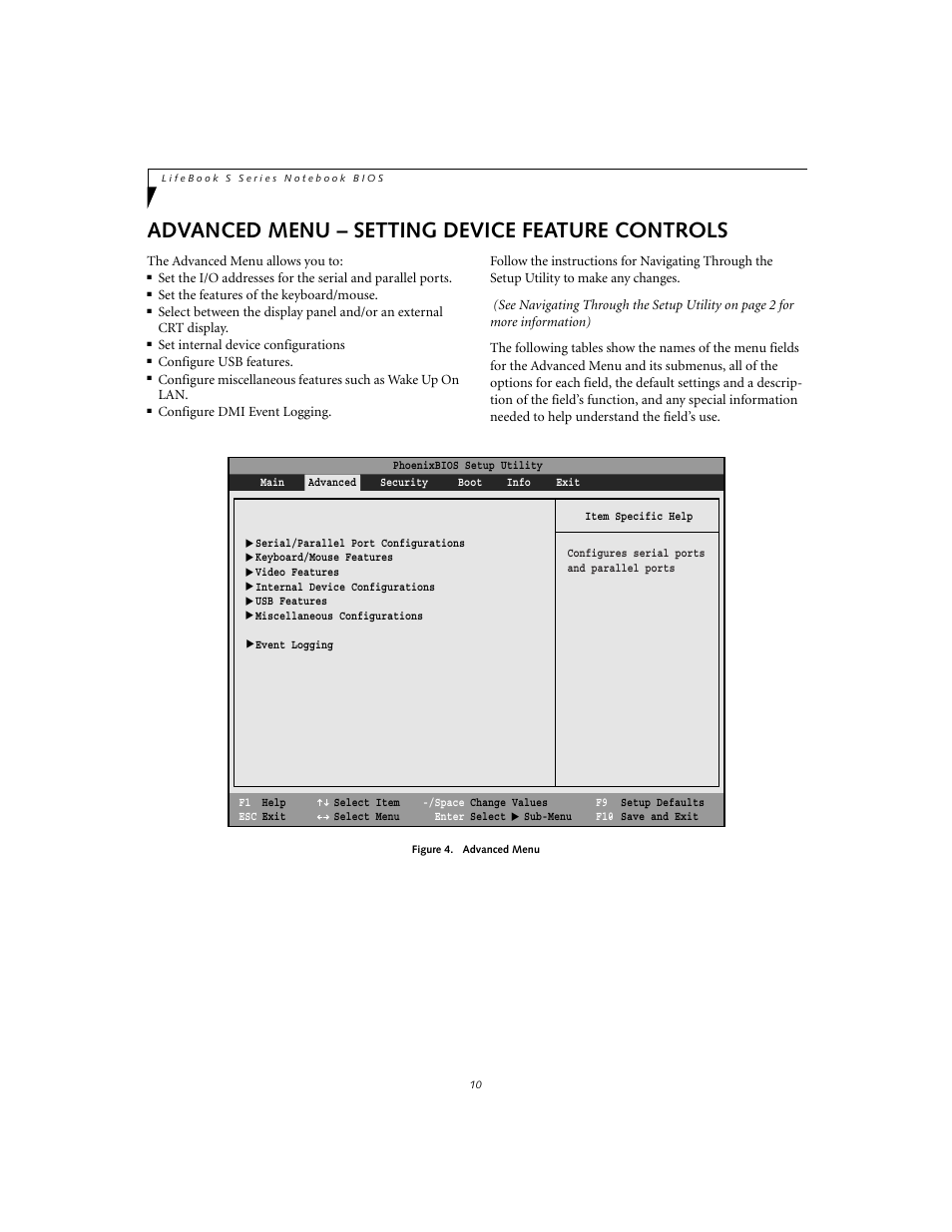 Advanced menu - setting device feature controls, Advanced menu – setting device feature controls | Fujitsu Siemens Computers Life Book S2020 User Manual | Page 10 / 27