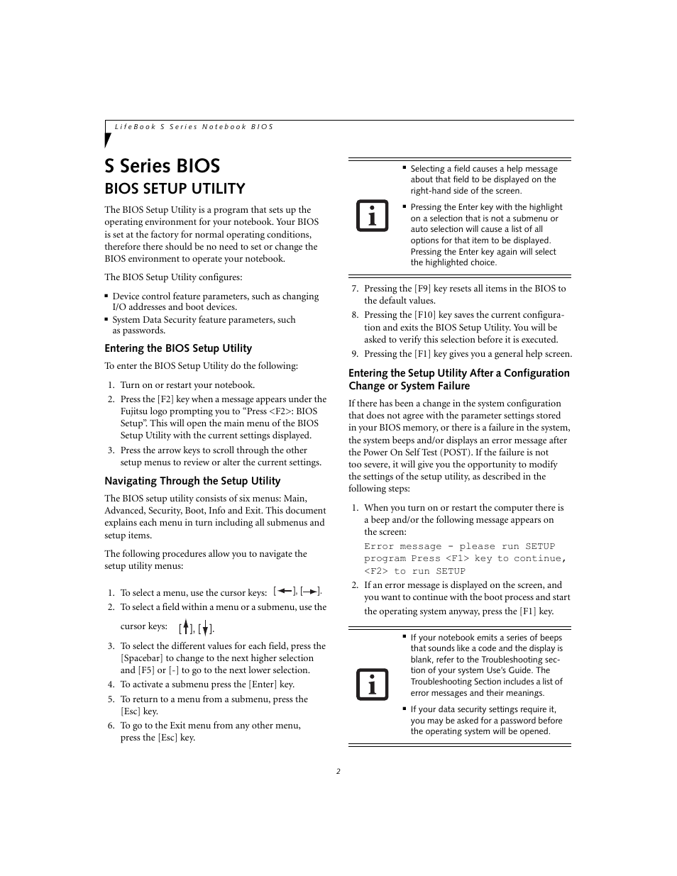 Bios setup utility, Entering the bios setup utility, Navigating through the setup utility | S series bios | Fujitsu Siemens Computers Life Book S2020 User Manual | Page 2 / 27