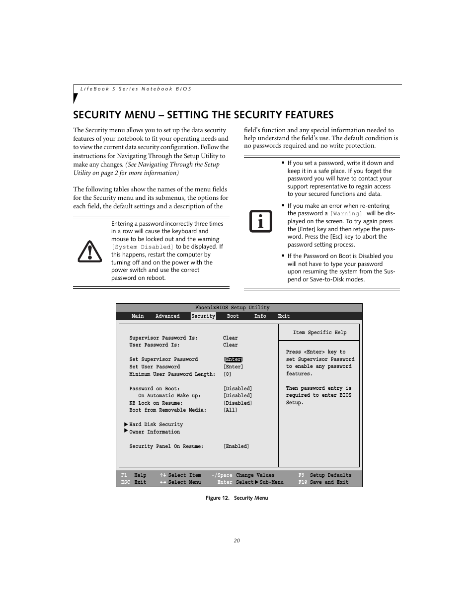 Security menu - setting the security features, Security menu – setting the security features | Fujitsu Siemens Computers Life Book S2020 User Manual | Page 20 / 27