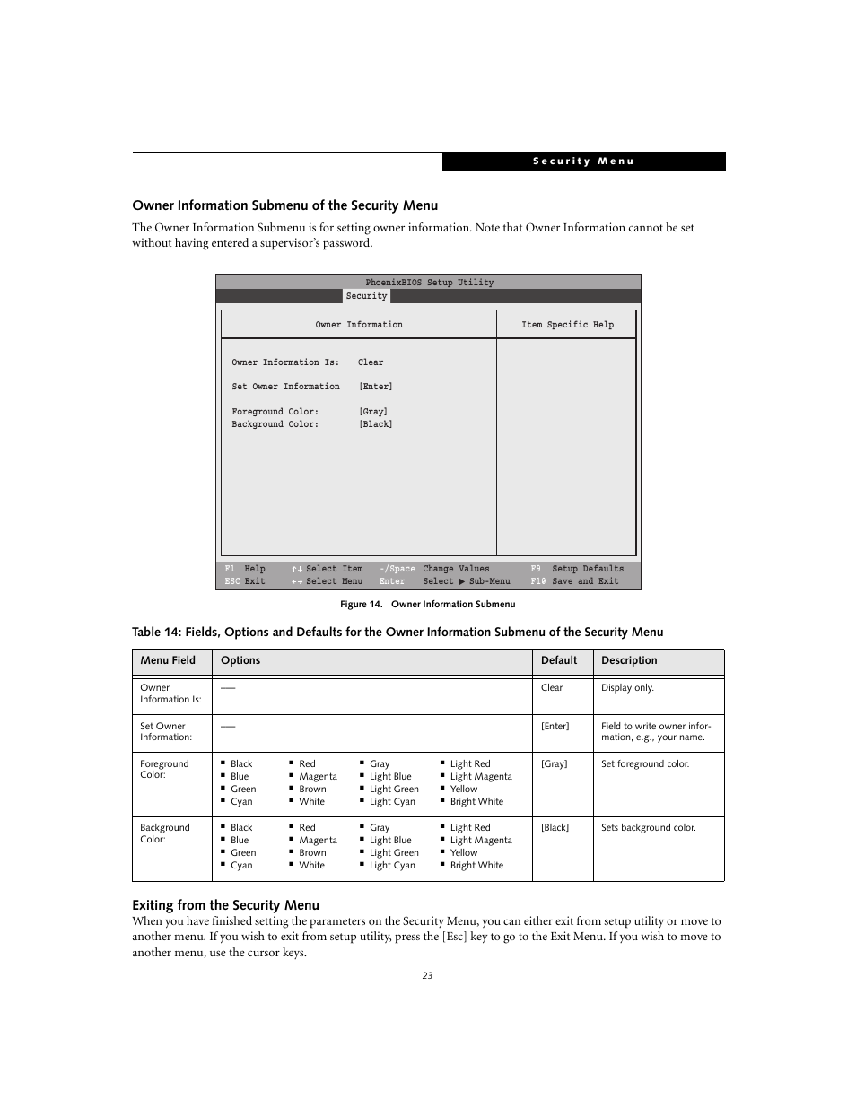 Owner information submenu of the security menu, Exiting from the security menu | Fujitsu Siemens Computers Life Book S2020 User Manual | Page 23 / 27