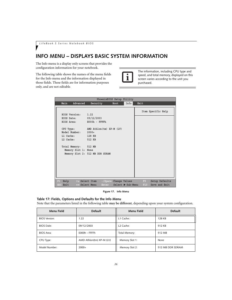 Info menu - displays basic system information, Info menu – displays basic system information | Fujitsu Siemens Computers Life Book S2020 User Manual | Page 26 / 27