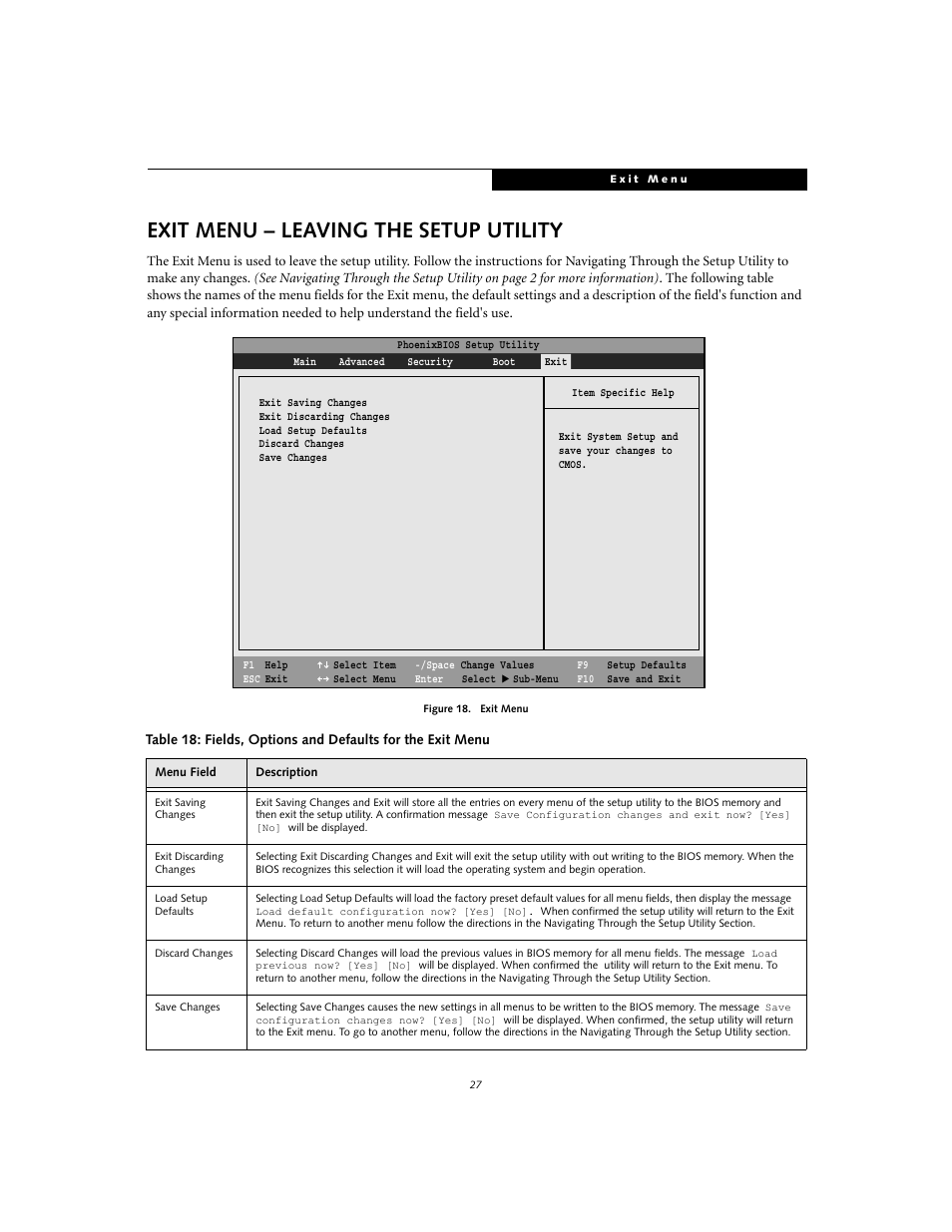 Exit menu - leaving the setup utility, Exit menu – leaving the setup utility | Fujitsu Siemens Computers Life Book S2020 User Manual | Page 27 / 27