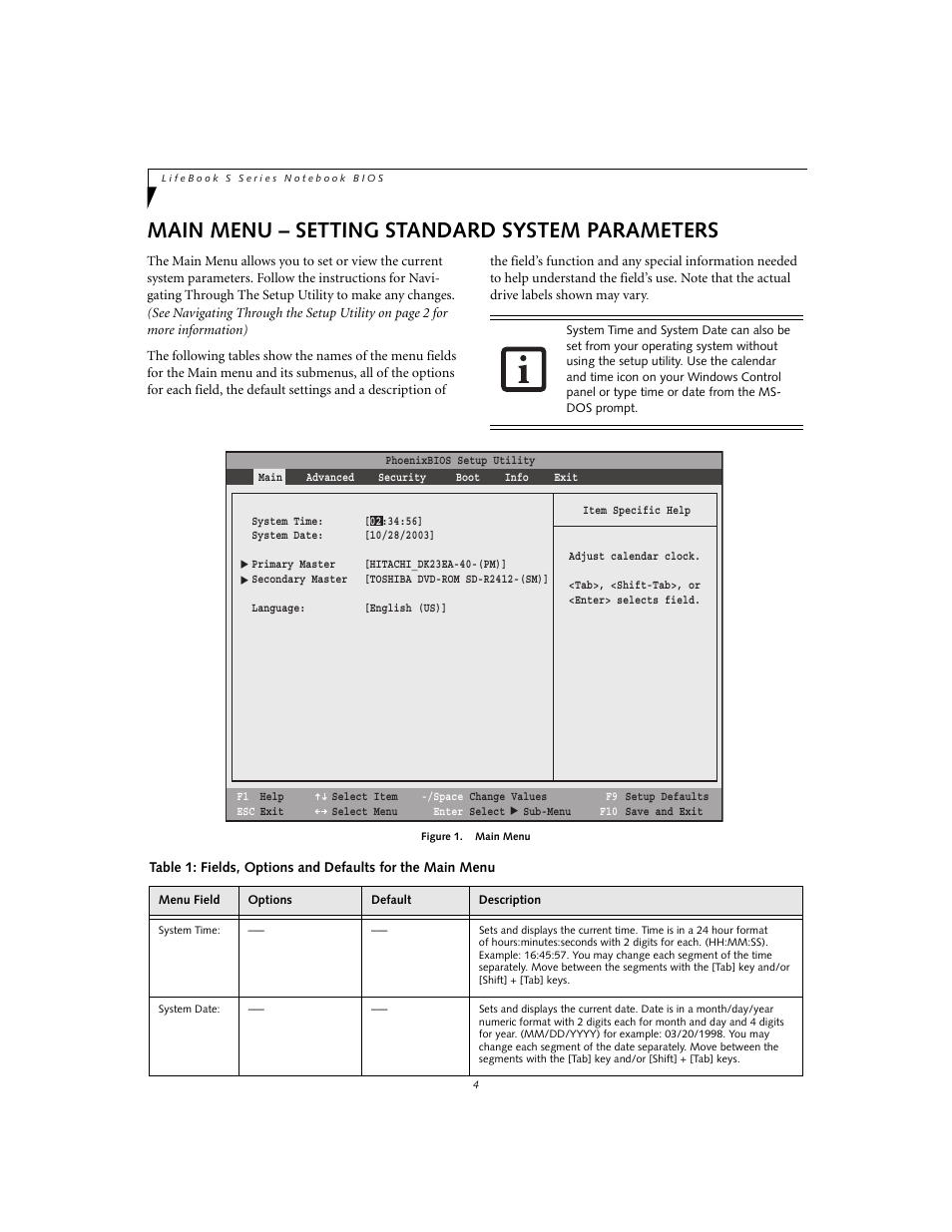 Main menu - setting standard system parameters, Main menu – setting standard system parameters | Fujitsu Siemens Computers Life Book S2020 User Manual | Page 4 / 27