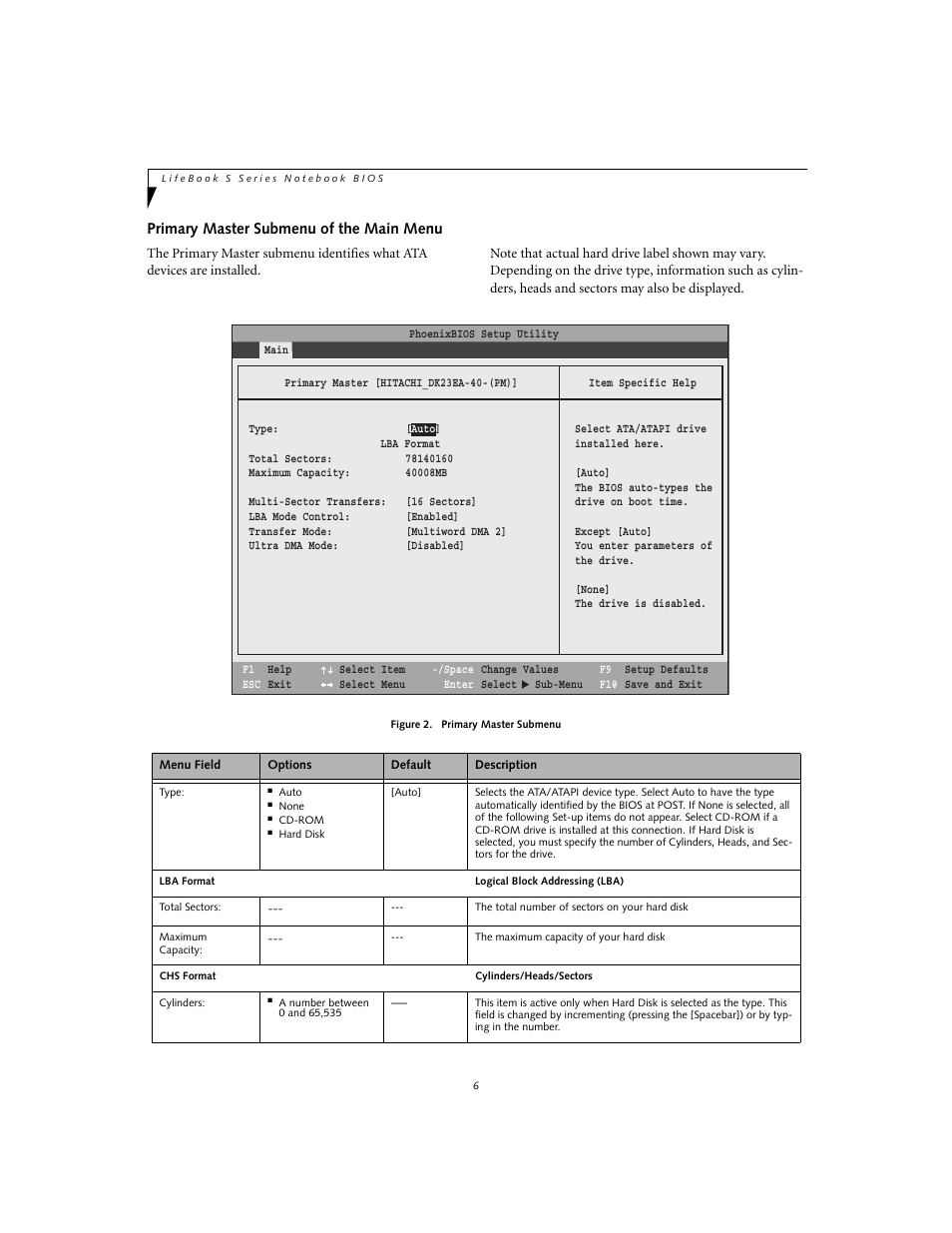 Primary master submenu of the main menu | Fujitsu Siemens Computers Life Book S2020 User Manual | Page 6 / 27