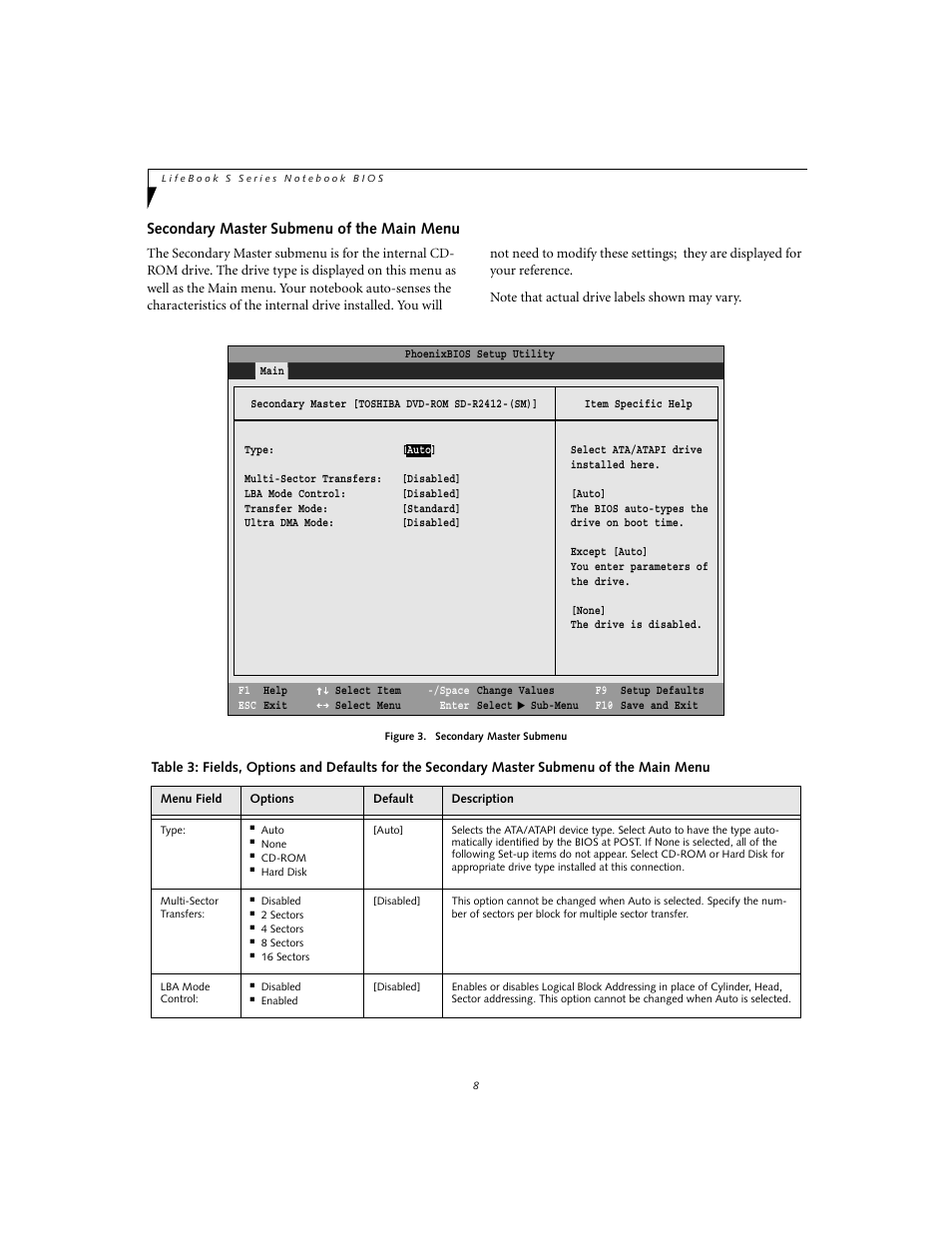 Secondary master submenu of the main menu | Fujitsu Siemens Computers Life Book S2020 User Manual | Page 8 / 27