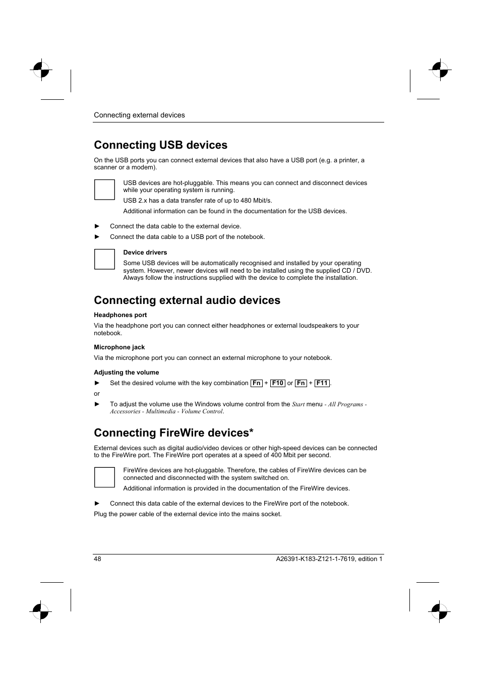 Connecting usb devices, Connecting external audio devices, Connecting firewire devices | Fujitsu Siemens Computers AMILO Pro V2035 User Manual | Page 58 / 84