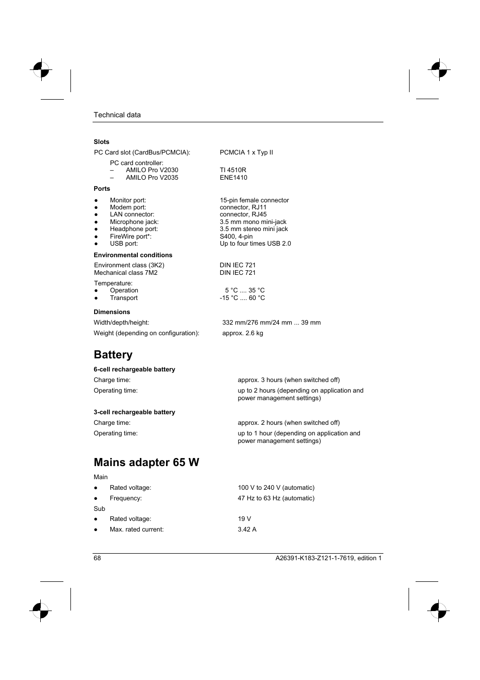 Battery, Mains adapter 65 w | Fujitsu Siemens Computers AMILO Pro V2035 User Manual | Page 78 / 84