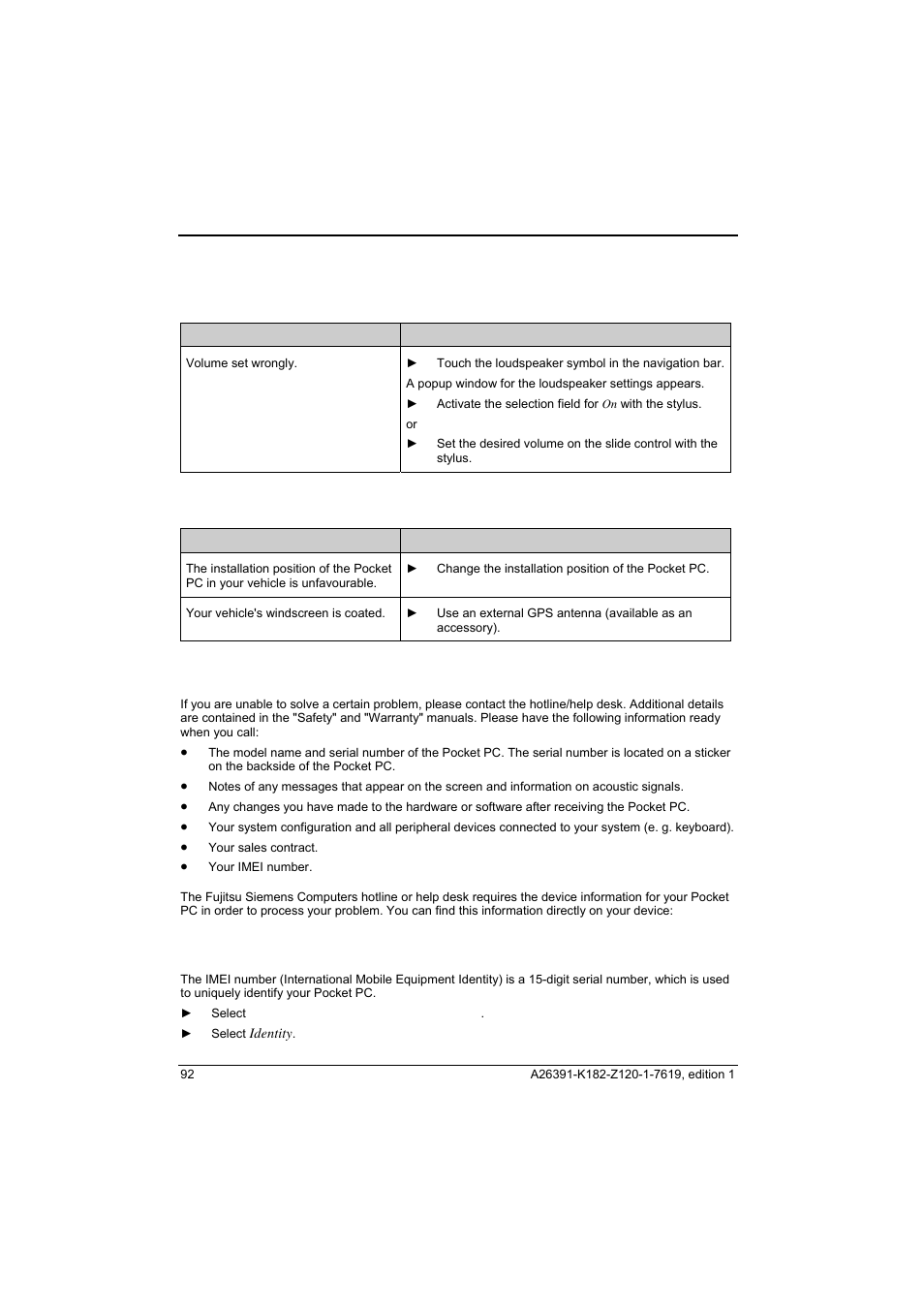 No sound or minimal volume, Poor reception via gps, Contact with hotline/help desk | Calling up the imei number | Fujitsu Siemens Computers Loox T User Manual | Page 102 / 118
