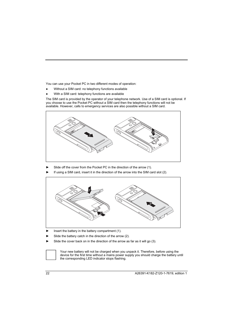 Installing the battery and the sim card (optional) | Fujitsu Siemens Computers Loox T User Manual | Page 32 / 118