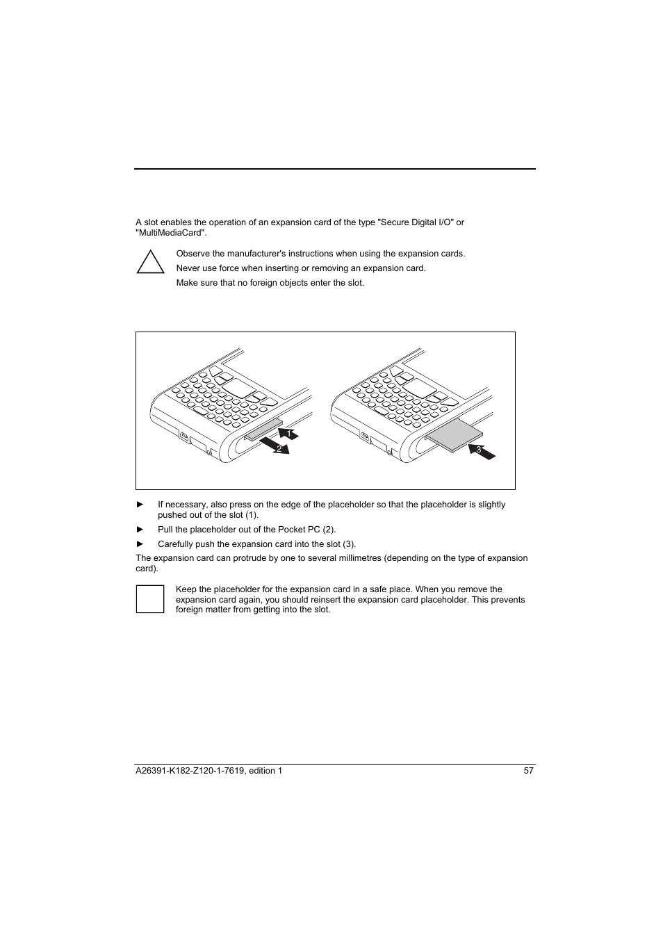 Inserting and removing an expansion card, Inserting the expansion card | Fujitsu Siemens Computers Loox T User Manual | Page 67 / 118