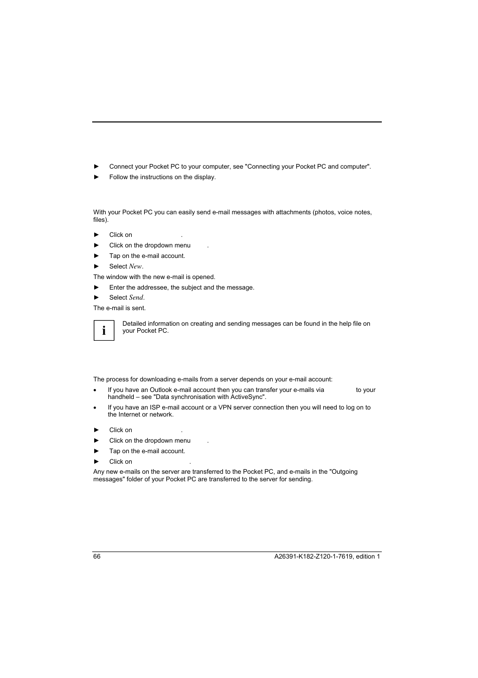 Setting up e-mail sending via activesync, Creating and sending e-mails, Downloading e-mails from a server (e-mail pull) | Fujitsu Siemens Computers Loox T User Manual | Page 76 / 118