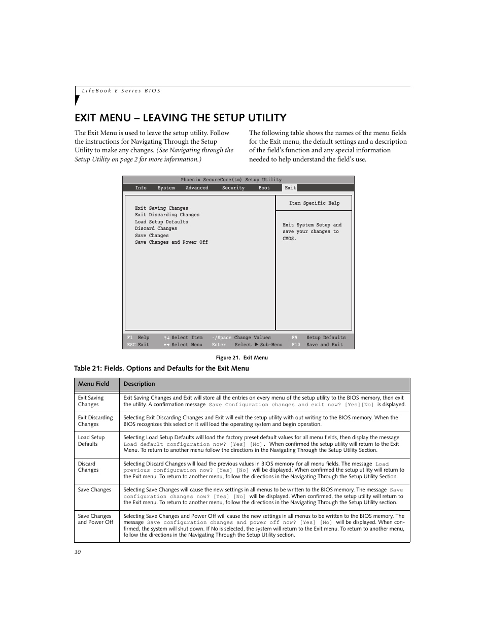 Exit menu - leaving the setup utility, Exit menu – leaving the setup utility | Fujitsu Siemens Computers LifeBook E8420 User Manual | Page 30 / 30